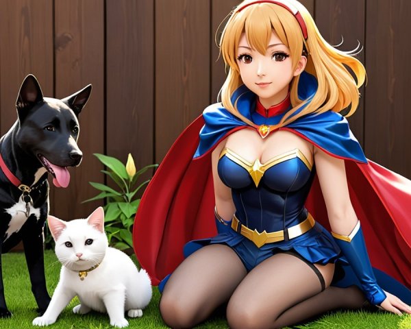Superheroine with Pets in a Lush Green Setting