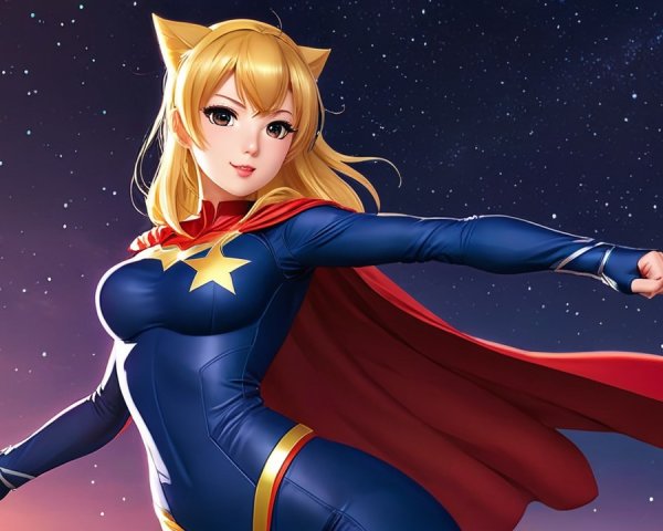 Vibrant superheroine in blue bodysuit and red cape