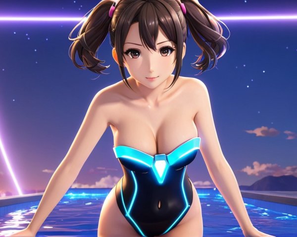 Futuristic Character in Swimsuit by Neon Poolside
