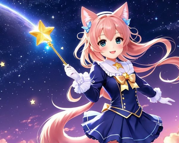 Cheerful anime character with cat ears in night sky