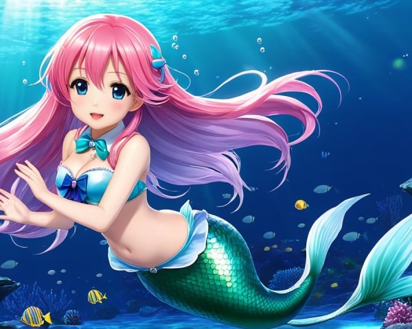 Whimsical Mermaid in Colorful Underwater Scene