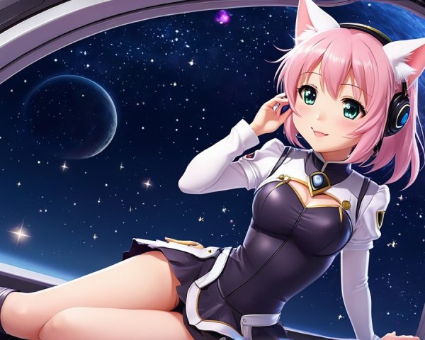 Anime Character with Pink Hair in Futuristic Spaceship