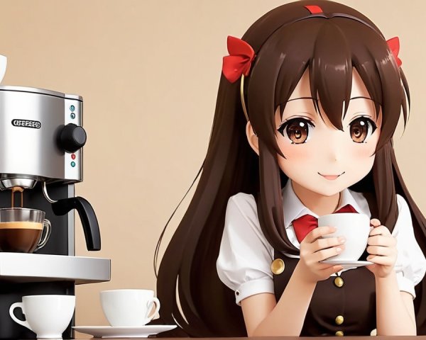 Cheerful Anime Character in Cozy Café Setting