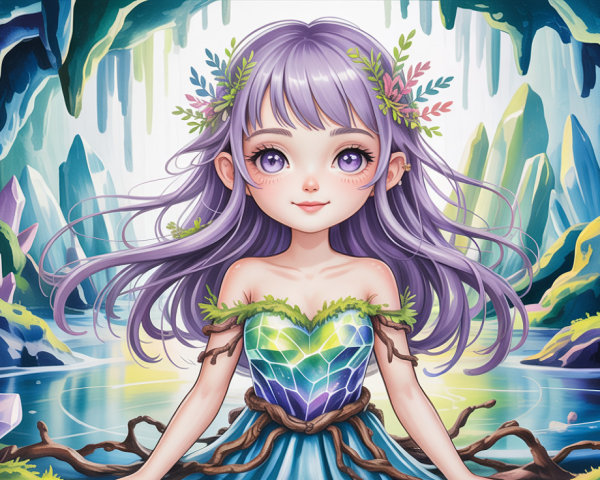 Anime Fairy with Purple Hair in Crystal Cave Setting