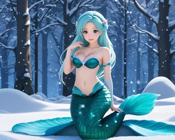Mermaid in a Winter Forest with Snowflakes and Seashells