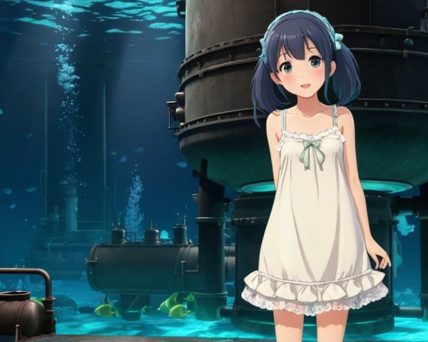 Young girl in flowing dress in underwater setting