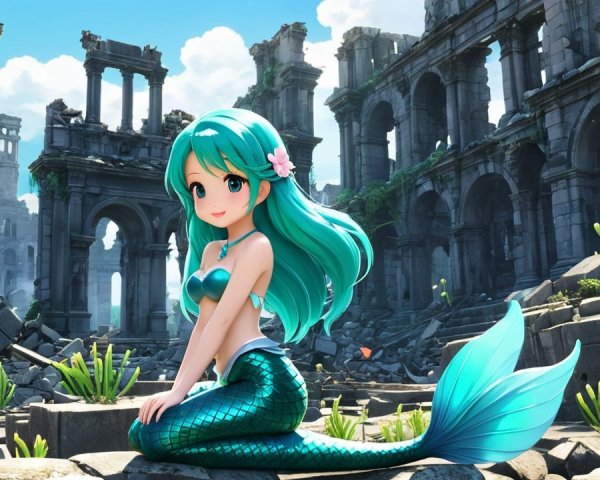 Vibrant Mermaid in Ancient City Ruins with Nature