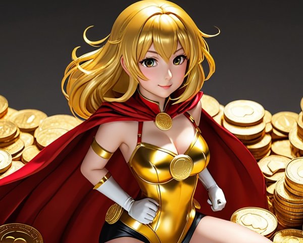 Anime Character on Gold Coins with Red Cape