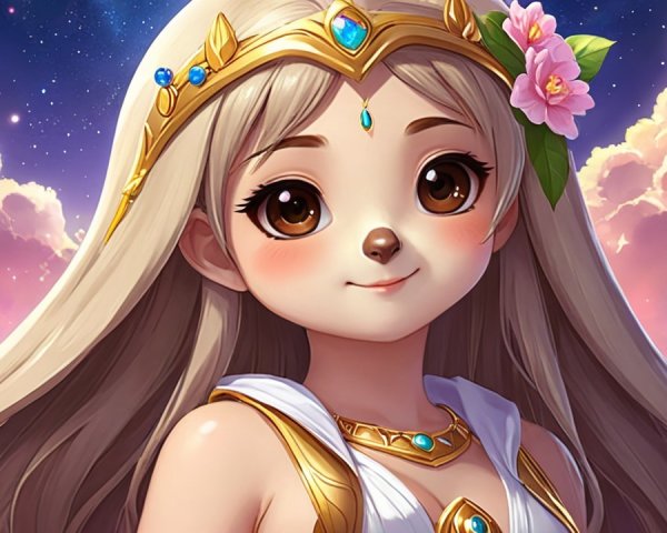 Whimsical Character with Floral Crown and Wings