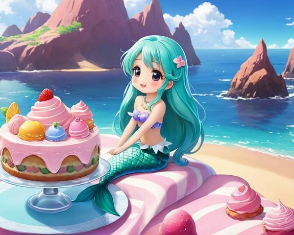 Mermaid on Beach with Colorful Desserts and Cake