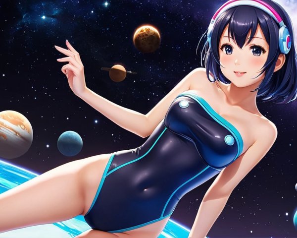 Futuristic anime character in space with vibrant planets