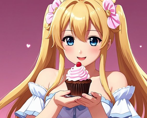 Cheerful anime girl with cupcake in festive setting