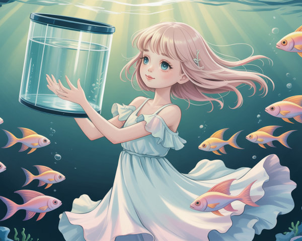 Anime-style underwater scene with young woman and fish