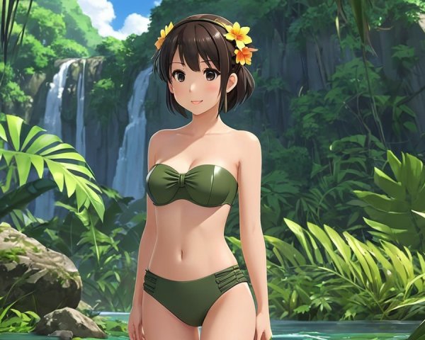Young Woman in Tropical Jungle with Waterfall Background
