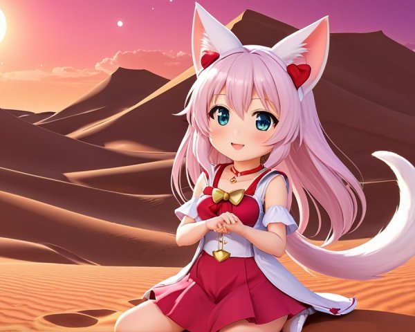 Anime Character in Desert at Sunset with Cat Ears
