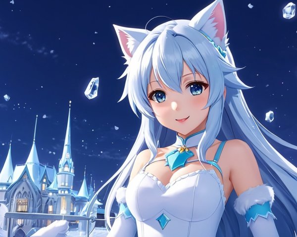 Fantastical character in icy landscape with castle