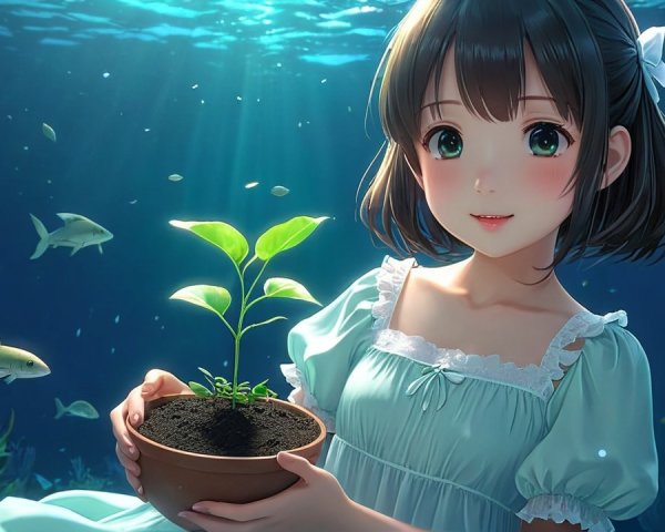 Young girl underwater with potted plant and fish