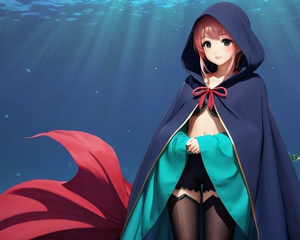 Underwater Character in Dark Cloak with Fish