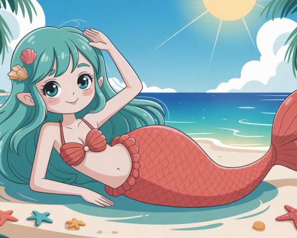 Anime Mermaid Girl on Beach with Turquoise Hair