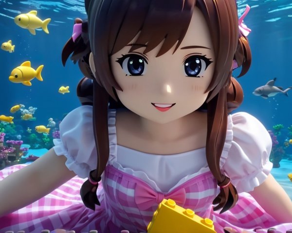 Cheerful girl in pink dress playing underwater with fish