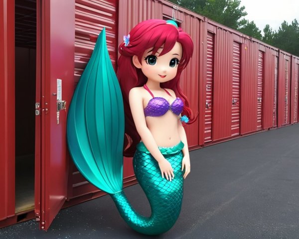 Colorful Mermaid in Front of Red Storage Units