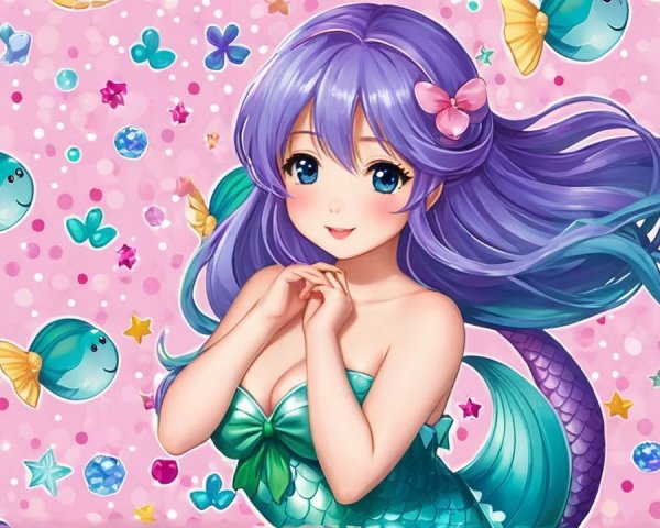 Whimsical Animated Mermaid with Lavender Hair and Gems