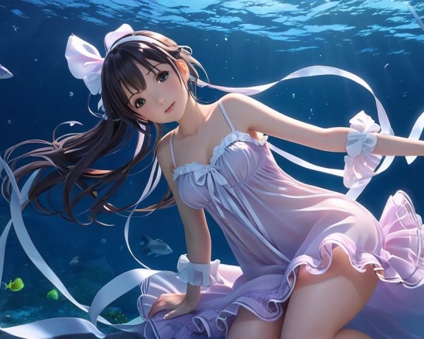 Underwater Scene with Woman in Purple Dress and Fish