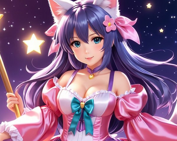 Anime Character with Cat Ears and Magical Staff