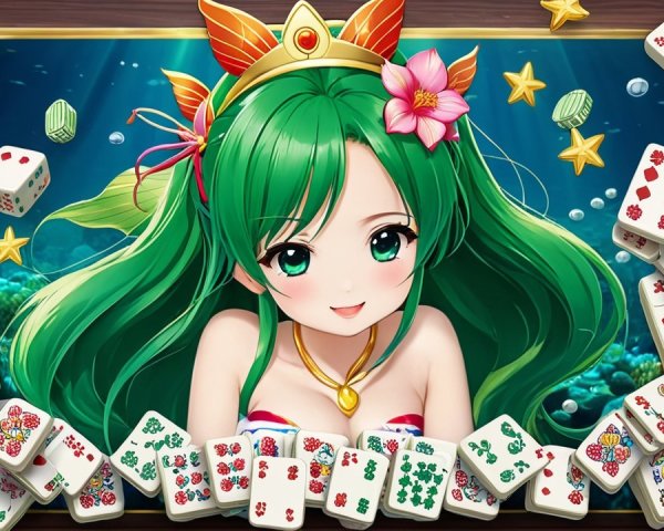Underwater Scene with Vibrant Character and Mahjong Tiles