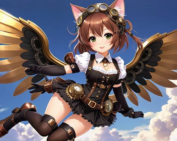 Steampunk Character with Cat Ears and Mechanical Wings