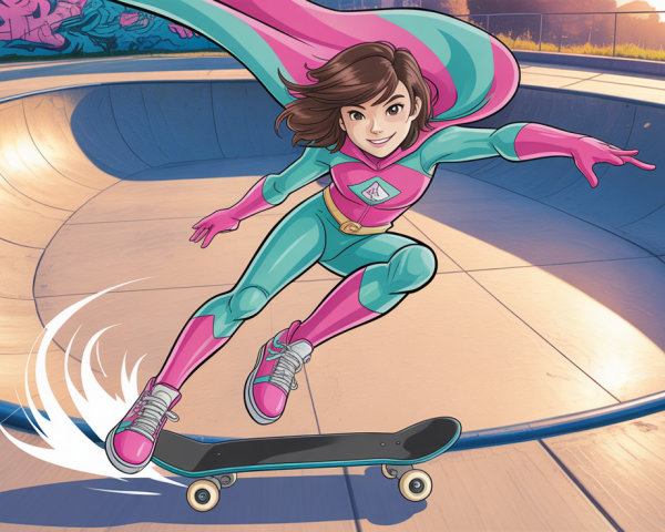 Young girl in superhero costume on skateboard in bowl