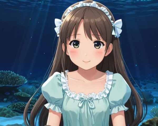 Young girl in blue dress smiles underwater with fish