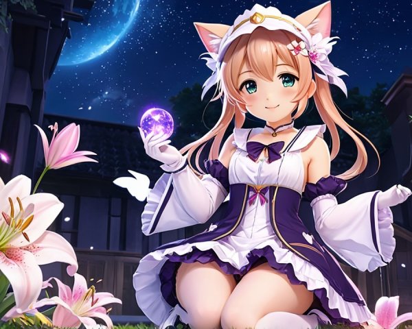 Cute anime character with cat ears in a magical setting