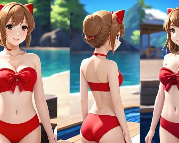 Stylish Character in Red Bikini at Poolside Setting
