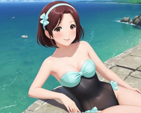 Young Woman in Stylish Swimsuit by the Seaside