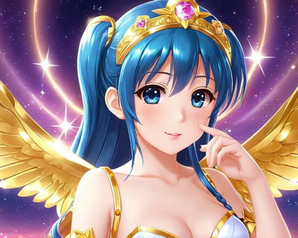 Vibrant anime character with blue hair and angelic wings