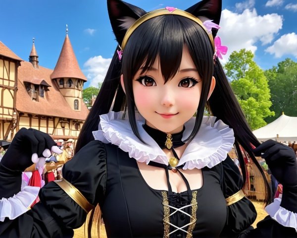 Young Woman in Anime Costume at Medieval Village