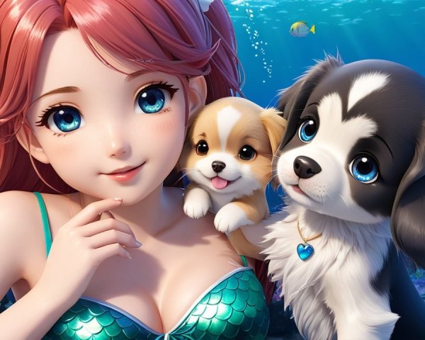Underwater Scene with Girl, Dogs, and Colorful Fish