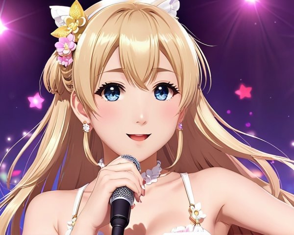 Cheerful anime character singing with vibrant background