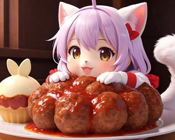 Cute anime character with cat ears and meatballs