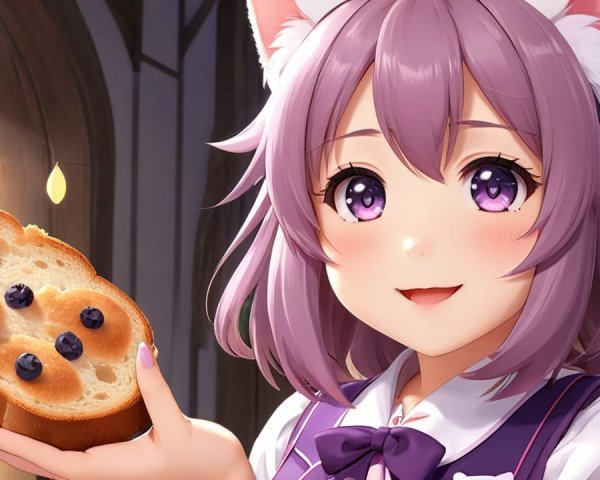 Cheerful character with lavender hair in cozy setting