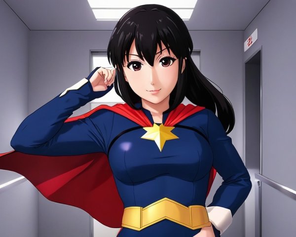 Confident Female Superhero in Vibrant Costume Pose