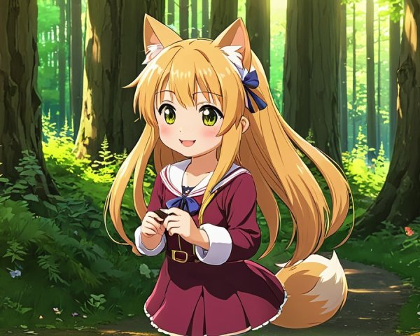 Cheerful anime girl with fox ears in a sunlit forest