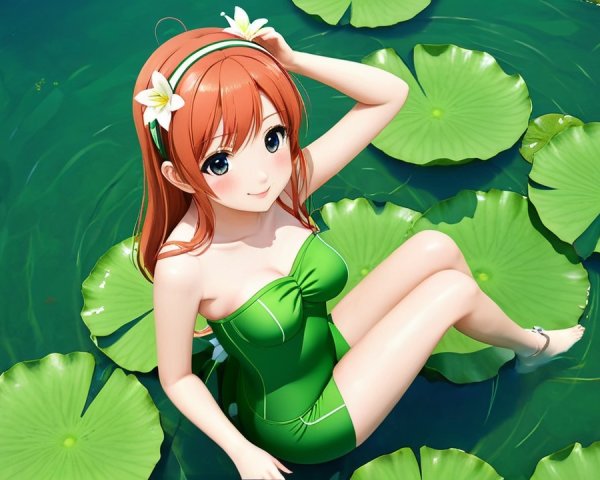 Cheerful woman on lily pad in tranquil pond scene