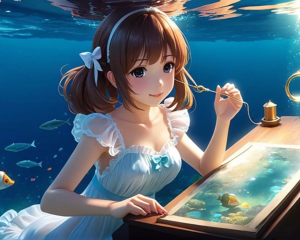 Underwater Scene with Girl and Vibrant Marine Life