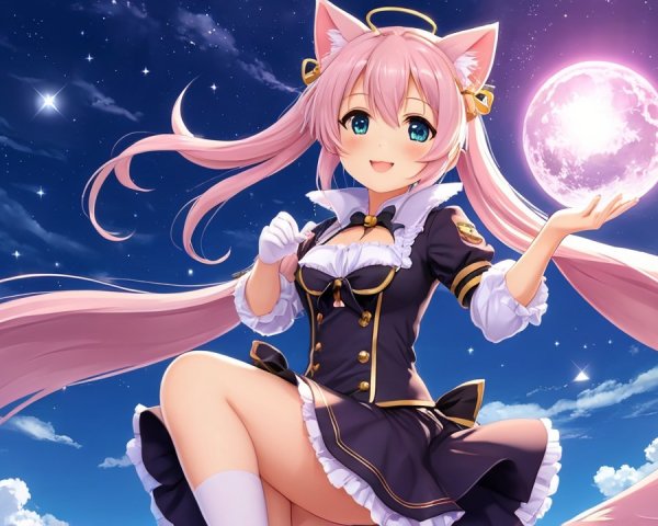 Cheerful anime character with pink hair in starry sky