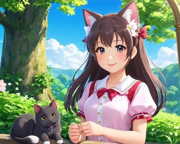 Cheerful girl with cat ears in a sunny landscape