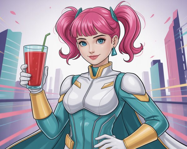 Young Woman in Futuristic Armor in Anime Cityscape