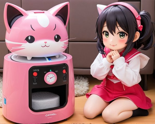 Pink Cat-Shaped Humidifier Beside Cheerful Girl