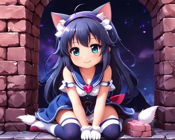 Anime Character with Cat Ears in Stone Archway